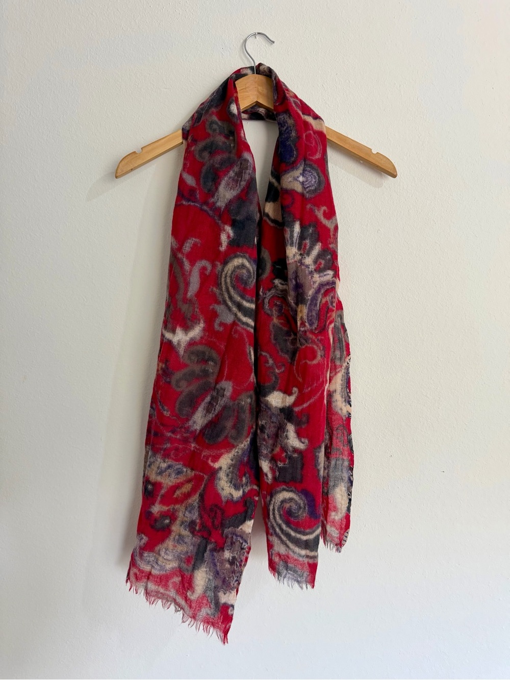 J Jill 100% Wool Red Floral-Print Lightweight Women's Scarf
